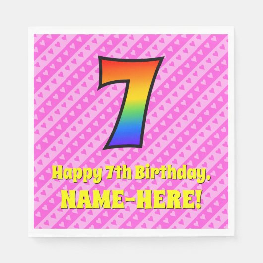 Serviette En Papier 7e anniversaire : Pink Stripes & Hearts, Rainbow # (Devant)