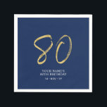Serviette En Papier 80 | Gold & Navy Blue Lettering 80th Birthday<br><div class="desc">Cette simple serviette personnalisée ajoutera des détails élégants à votre fête du 80e anniversaire. Ce design présente des lettres "80" en or chic avec du texte personnalisé sur un arrière - plan bleu marine. Des invitations et des fournitures de fête correspondants sont disponibles dans ma boutique BaraBomDesign.</div>