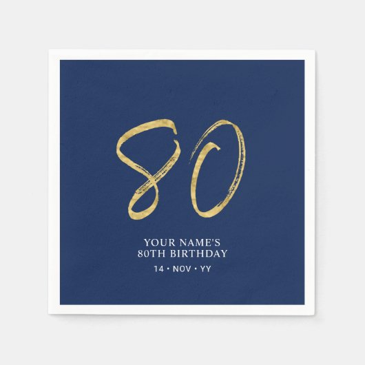 Serviette En Papier 80 | Gold & Navy Blue Lettering 80th Birthday (Devant)