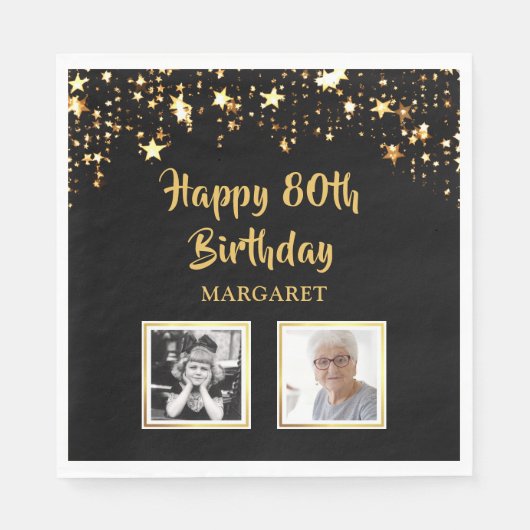 Serviette En Papier 80e anniversaire Alors et maintenant Photos Black  (Devant)