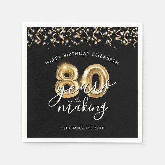 Serviette En Papier 80e anniversaire Black Gold Script Streamers (Devant)