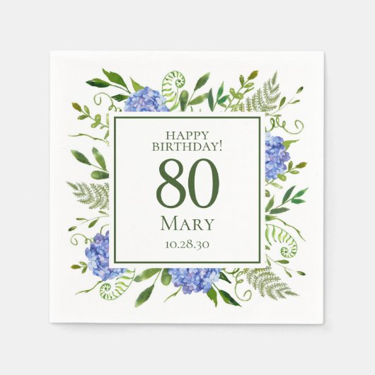 Serviette En Papier 80e anniversaire Blue Hydrangeas (Devant)