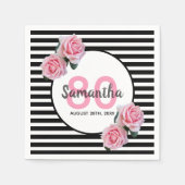 Serviette En Papier 80e anniversaire fleurs roses nom rayures noires (Devant)