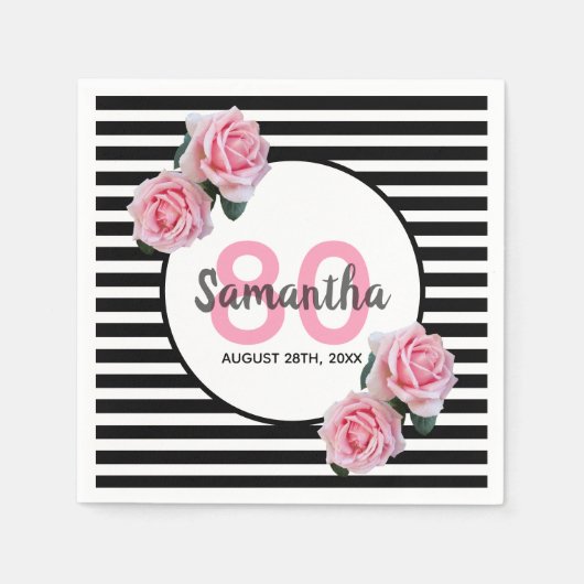 Serviette En Papier 80e anniversaire fleurs roses nom rayures noires (Devant)