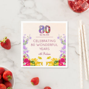 Serviette En Papier 80e anniversaire floral moderne 80 ans fête élégan