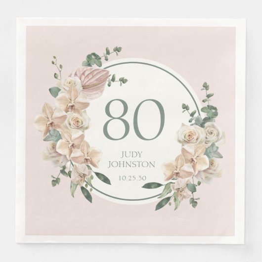 Serviette En Papier 80e Anniversaire Floral Tropical (Devant)