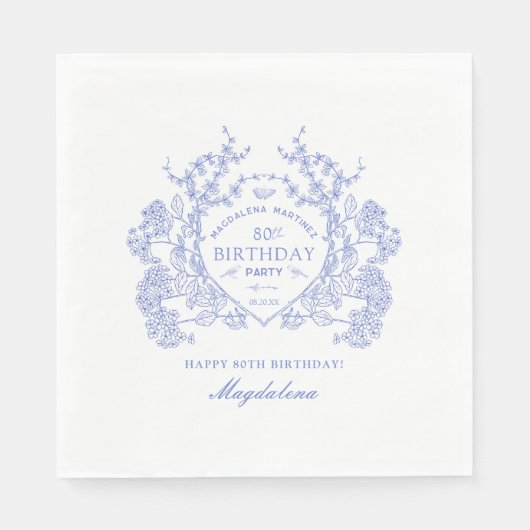 Serviette En Papier 80e anniversaire Français Blue Floral Crest Custom (Devant)