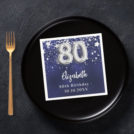 Serviette En Papier 80e anniversaire marine bleu argent étoiles