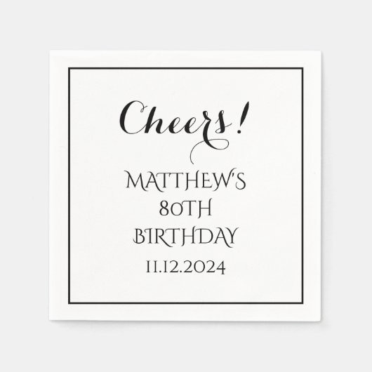 Serviette En Papier 80e anniversaire Noir Élégant Script moderne (Devant)