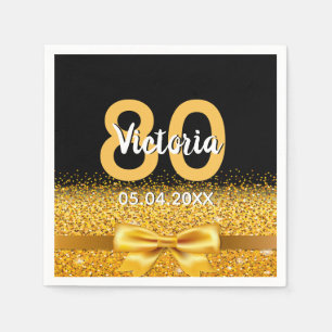 Serviette En Papier 80e anniversaire noir or nom arc