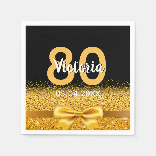 Serviette En Papier 80e anniversaire noir or nom arc (Devant)