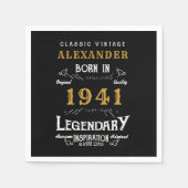 Serviette En Papier 80e anniversaire personnalisé Né en 1941 Noir Vint (Devant)