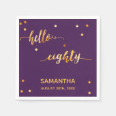 Serviette En Papier 80e anniversaire violet or bonjour 80 nom script (Devant)