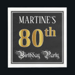 Serviette En Papier 80e Birthday Party — Fancy Script, Faux Gold Look<br><div class="desc">This fancy and opulent birthday themed paper napkin design am editable name and the message "80th Birthday Party". The large number "80th" has a faux/imitation gold-inspirred coloring pattern, the words "Birthday Party" are in elegant script-style, and the background is black by default (although it can be customized). Ornate, elegant paper...</div>