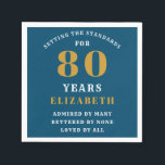 Serviette En Papier 80th Birthday Blue And Gold Ajouter Votre Nom<br><div class="desc">Célébrez ce 80e anniversaire avec style avec ces élégantes serviettes en papier bleu et or. Customisez facilement le texte à l'aide du modèle fourni. Consultez nos autres modèles d'anniversaire pour des idées sur les fournitures et les cadeaux.</div>