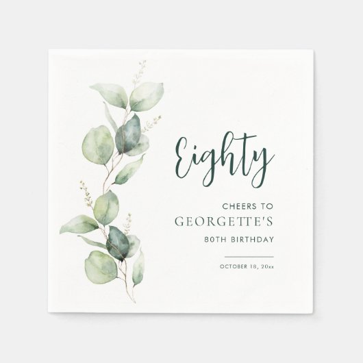 Serviette En Papier 80th Birthday Watercolor Eucalyptus Paper (Devant)
