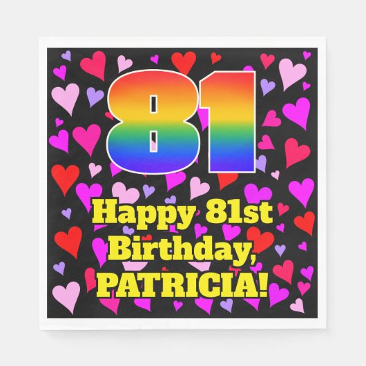 Serviette En Papier 81e anniversaire : Amour Hearts Motif, Arc-en-ciel (Devant)