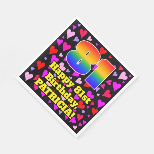 Serviette En Papier 81e anniversaire : Amour Hearts Motif, Arc-en-ciel (Coin)