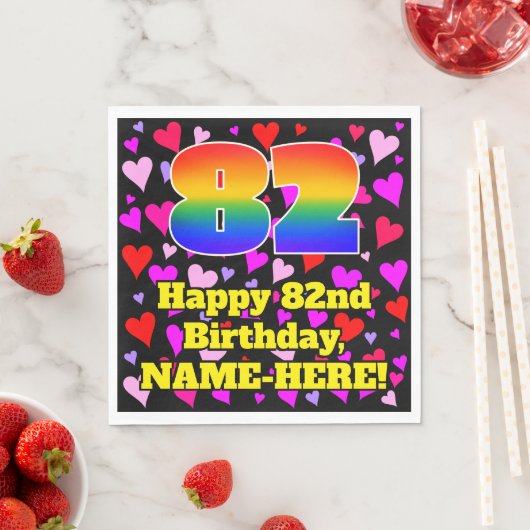 Serviette En Papier 82e anniversaire : Amour Hearts Motif, Arc-en-ciel (En situation)