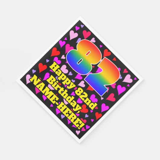 Serviette En Papier 82e anniversaire : Amour Hearts Motif, Arc-en-ciel (Coin)