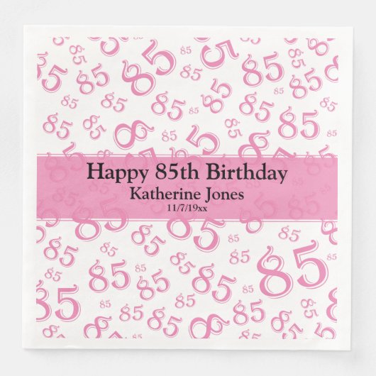 Serviette En Papier 85e anniversaire Random Number Motif rose/blanc (Devant)