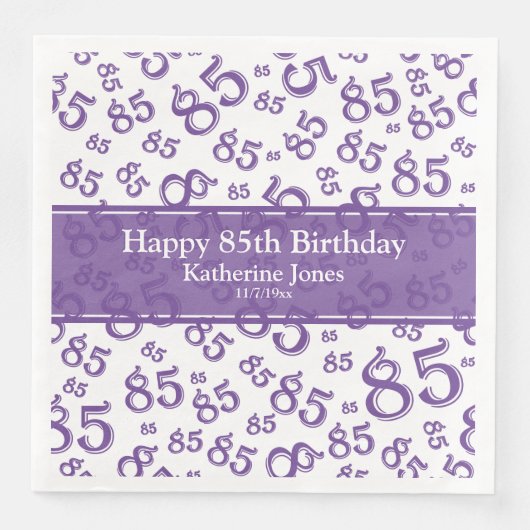 Serviette En Papier 85e anniversaire Random Number Motif violet/blanc (Devant)