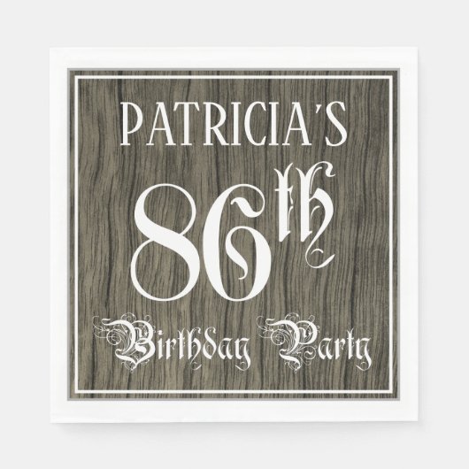 Serviette En Papier 86th Birthday Party — Fancy Script, Faux Wood Look (Devant)