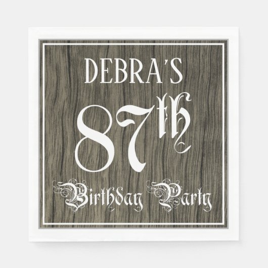 Serviette En Papier 87th Birthday Party — Fancy Script, Faux Wood Look (Devant)
