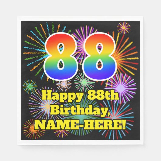 Serviette En Papier 88e anniversaire : Fun Fireworks Motif + Rainbow 8 (Devant)