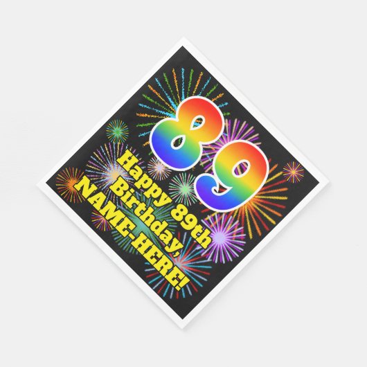 Serviette En Papier 89ème anniversaire : Fun Fireworks Motif + Rainbow (Coin)