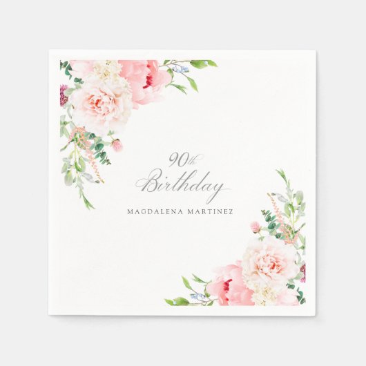 Serviette En Papier 90 Anniversaire Fête Rose Floral Custom Cocktail (Devant)