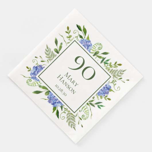 Serviette En Papier 90e anniversaire Blue Hydrangeas (Coin)