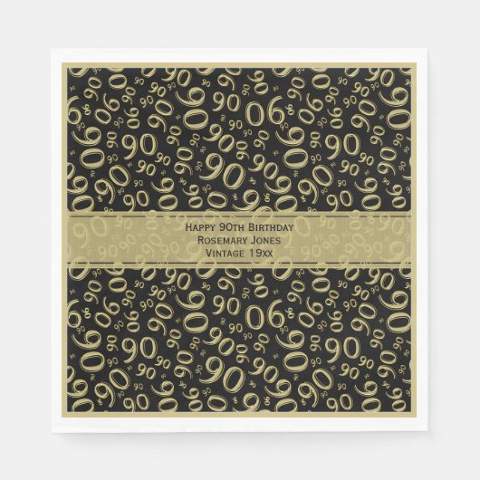 Serviette En Papier 90e anniversaire Cool Numéro Motif Noir/Or (Devant)