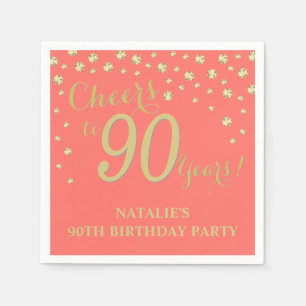 Serviette En Papier 90e anniversaire Coral Party et Gold Diamond Napki