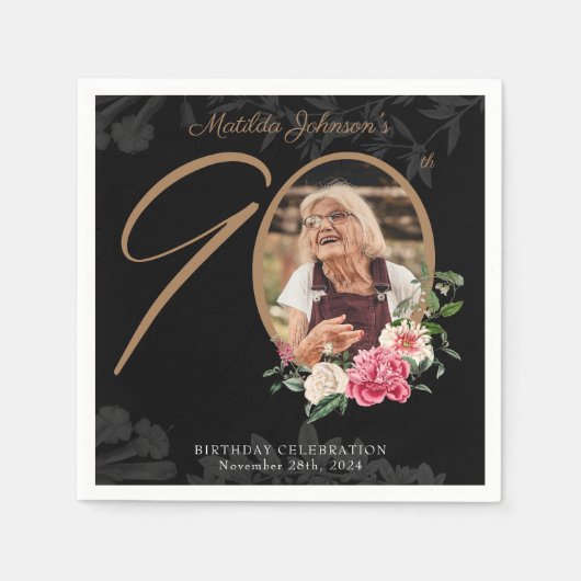 Serviette En Papier 90e anniversaire Elégant Floral Black Gold personn (Devant)