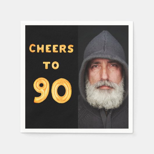 Serviette En Papier 90e anniversaire fête noir or acclamer photo (Devant)