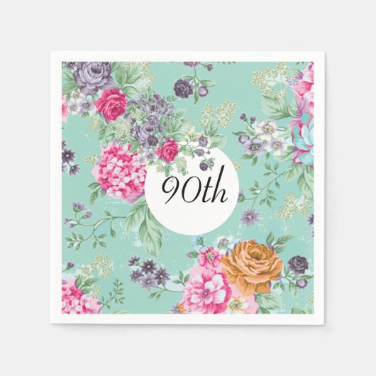 Serviette En Papier 90e anniversaire Floral Anniversaire Bleu (Devant)