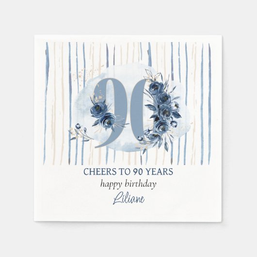 Serviette En Papier 90e anniversaire Floral Number Bleu côtier Bleu ba (Devant)
