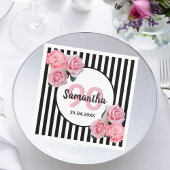 Serviette En Papier 90e anniversaire noir rayures rose florale classiq