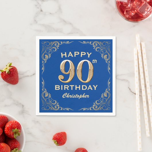 Serviette En Papier 90e anniversaire Parties scintillant bleue et or c (En situation)