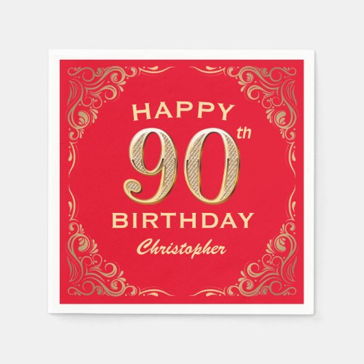 Serviette En Papier 90e anniversaire Parties scintillant rouge et or (Devant)