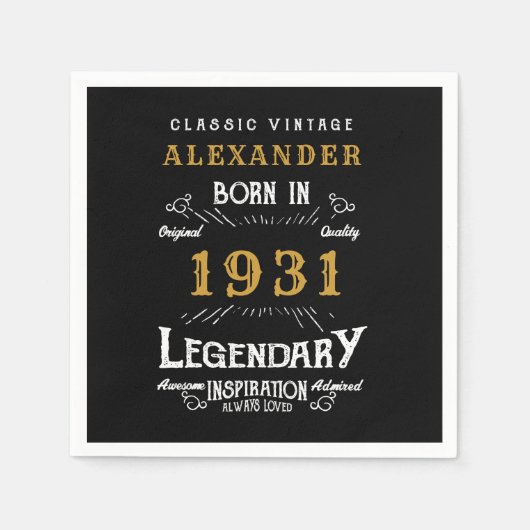Serviette En Papier 90e anniversaire personnalisé Né en 1931 Noir Vint (Devant)