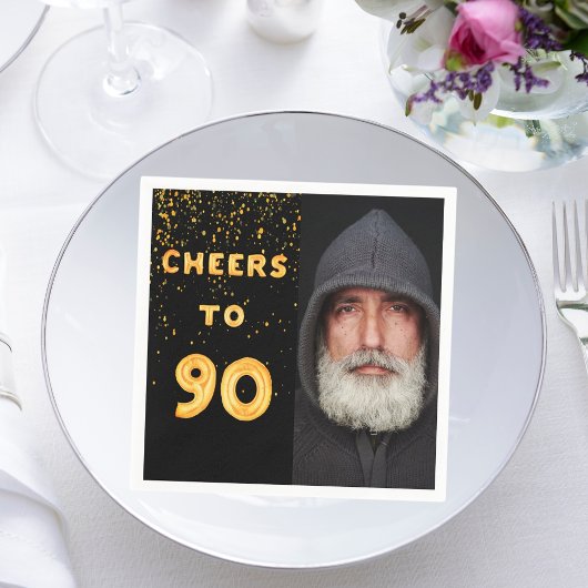 Serviette En Papier 90e anniversaire photo ballons d'or noir