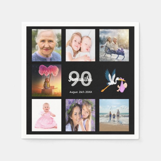 Serviette En Papier 90e anniversaire photo collage noir (Devant)