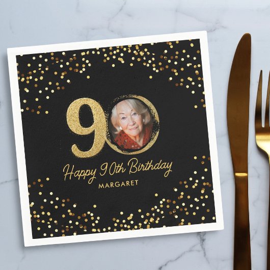 Serviette En Papier 90e anniversaire Photo Elegant Black Gold Parties