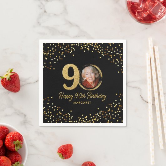 Serviette En Papier 90e anniversaire Photo Elegant Black Gold Parties (En situation)
