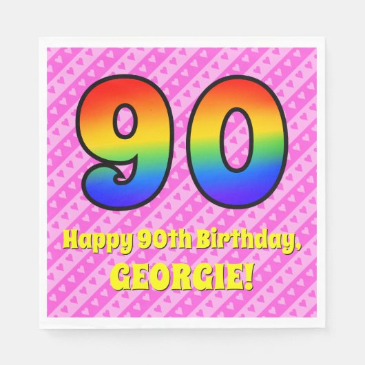 Serviette En Papier 90e anniversaire : Pink Stripes & Hearts, Arc en c (Devant)