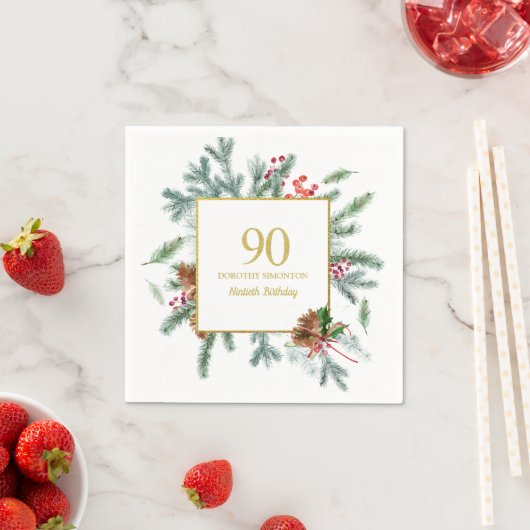 Serviette En Papier 90e anniversaire Rustique hiver verdure Bow rouge (En situation)