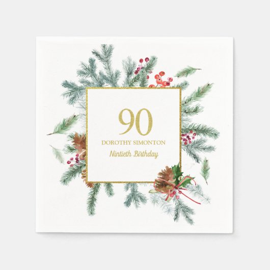 Serviette En Papier 90e anniversaire Rustique hiver verdure Bow rouge (Devant)