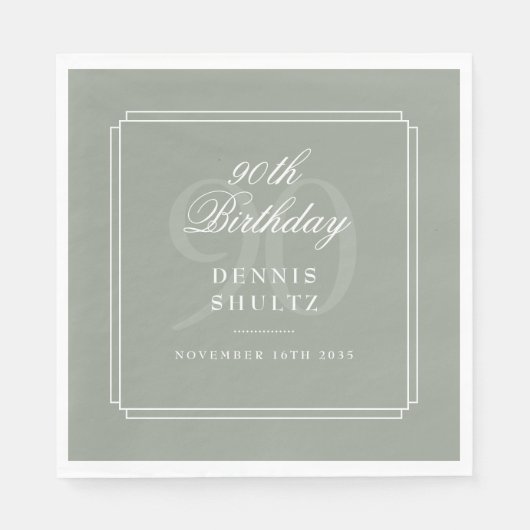 Serviette En Papier 90e fête d'anniversaire Classic Deco Sage Green (Devant)